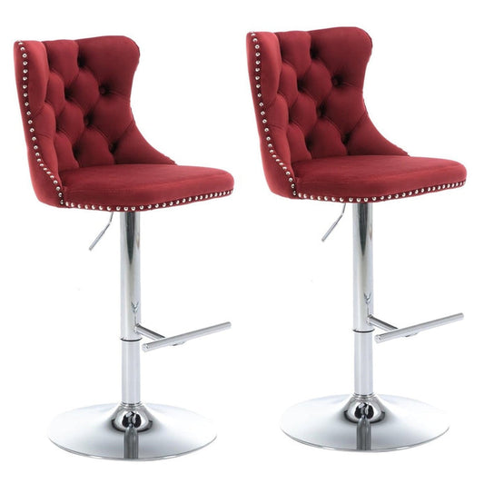 SERENITà Red Velvet Bar Stools Adjustable Swivel Counter Height Chairs with Tufted Back and Nailhead Trim for Kitchen Island Pub Restaurant (2Pcs, Chrome Metal)
