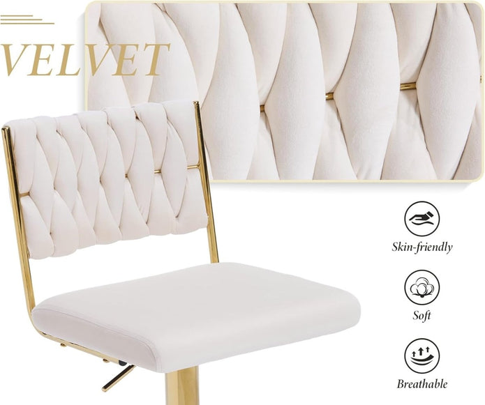 SERENITà  2x Velvet Bar Stools with Braided Back Elegant Kitchen High Chairs, Kitchen Island Stools Adjustable Height Swivel Bar Chairs with Gold Legs for Home-White