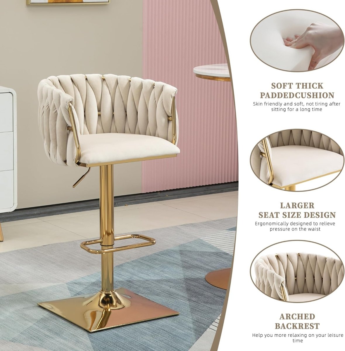 SERENITà Modern Velvet Breakfast Bar Stools Swivel Barstools Adjustable Counter Stools with Backrest Set of 2 iVORY