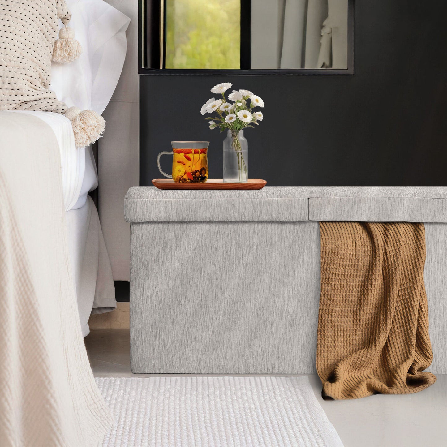 Foldable Storage Ottoman - Flip Lid Side Table Toy Blanket Organiser Seat KIRA GREY