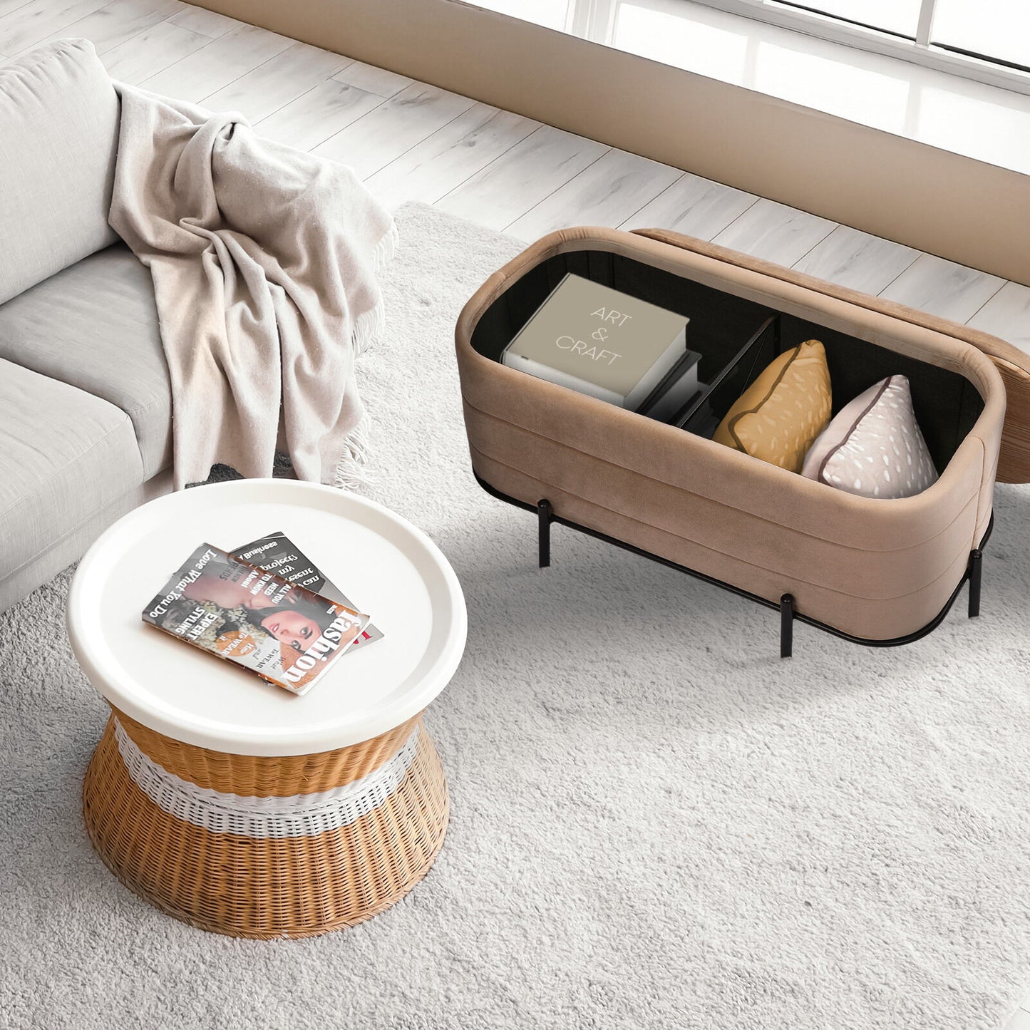 La Bella Coffee Table Storage Ottoman - Velvet Blanket Box Bench DEMI - CAMEL BEIGE