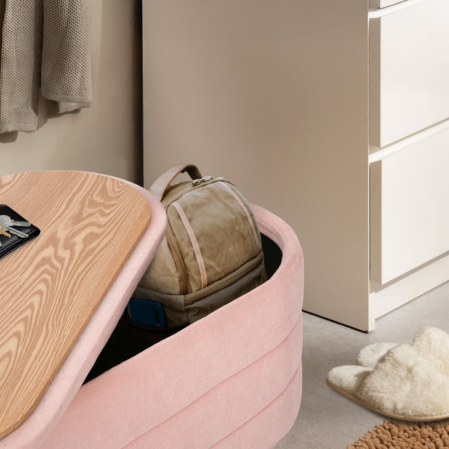 Coffee Table Storage Ottoman - Chenille Fabic Padded Blanket Box Bench CELIA - PINK