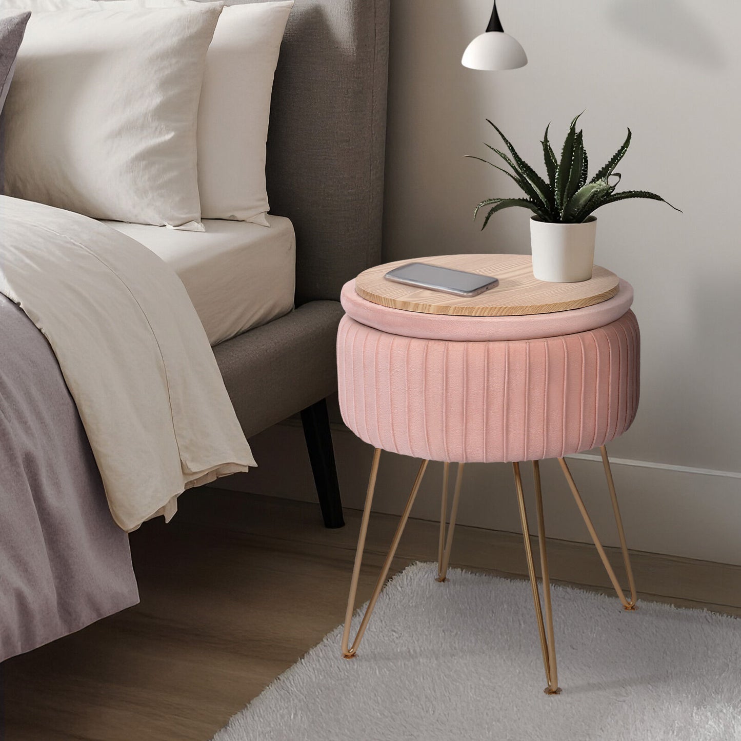 Side Table Storage Ottoman - Velvet Padded Stool Vanity Footstool REMY PINK