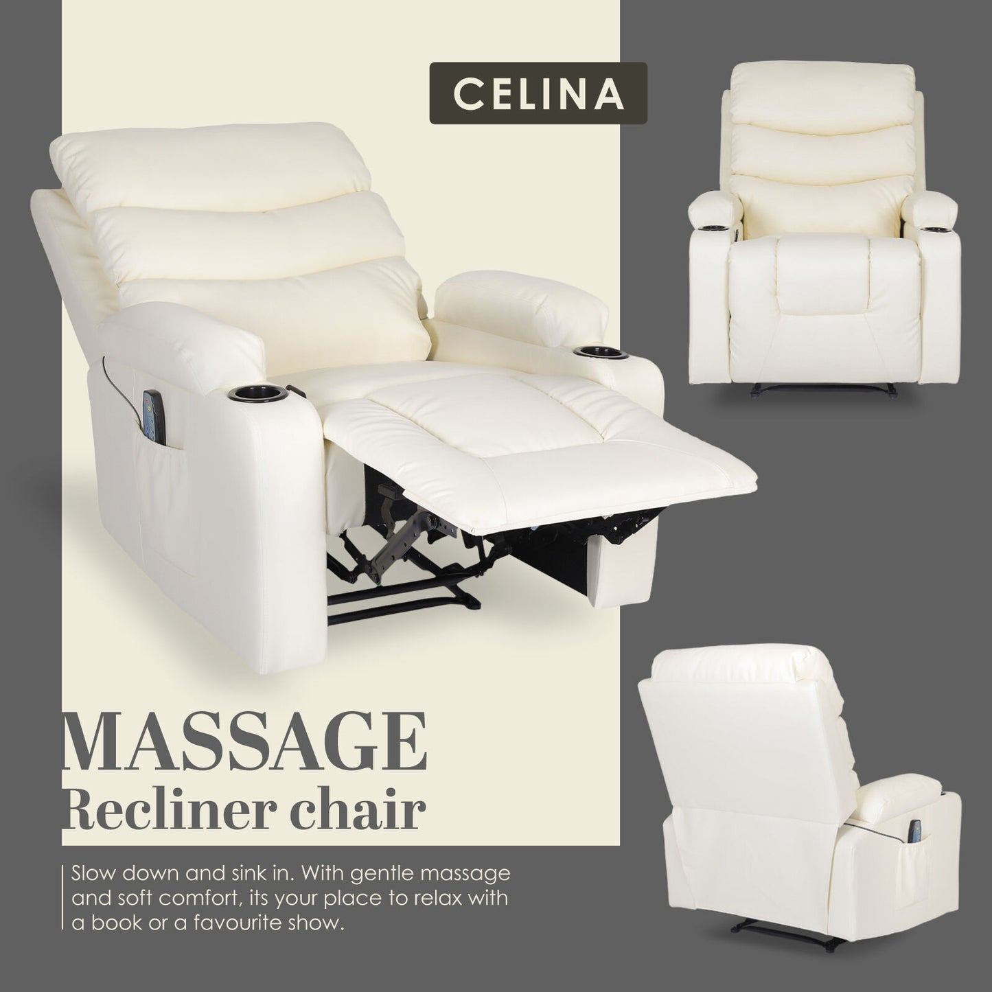 8-Point Electric Massage Recliner Chair - PU Leather Lounge Sofa Armchair CELINA CREAM