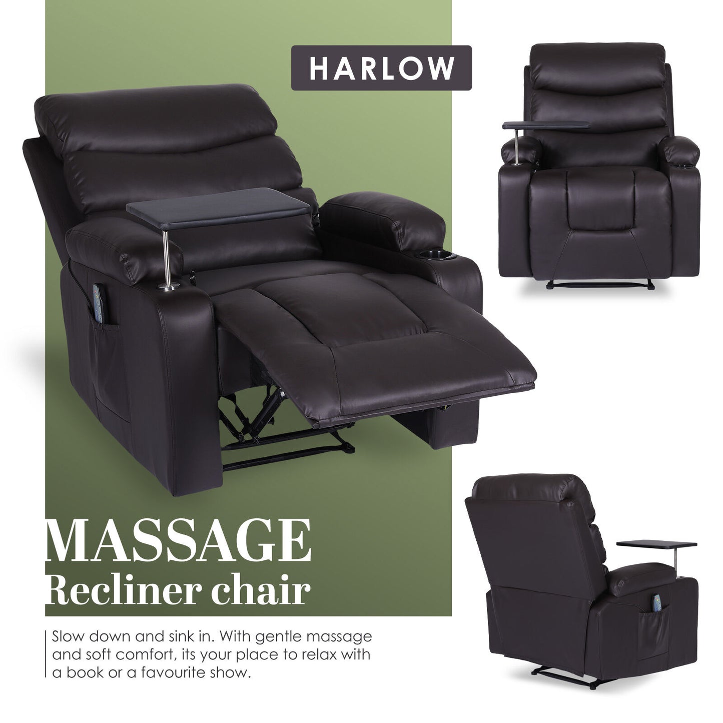 8-Point Electric Massage Recliner Chair - PU Leather Electric Lounge Sofa Armchair HARLOW BROWN