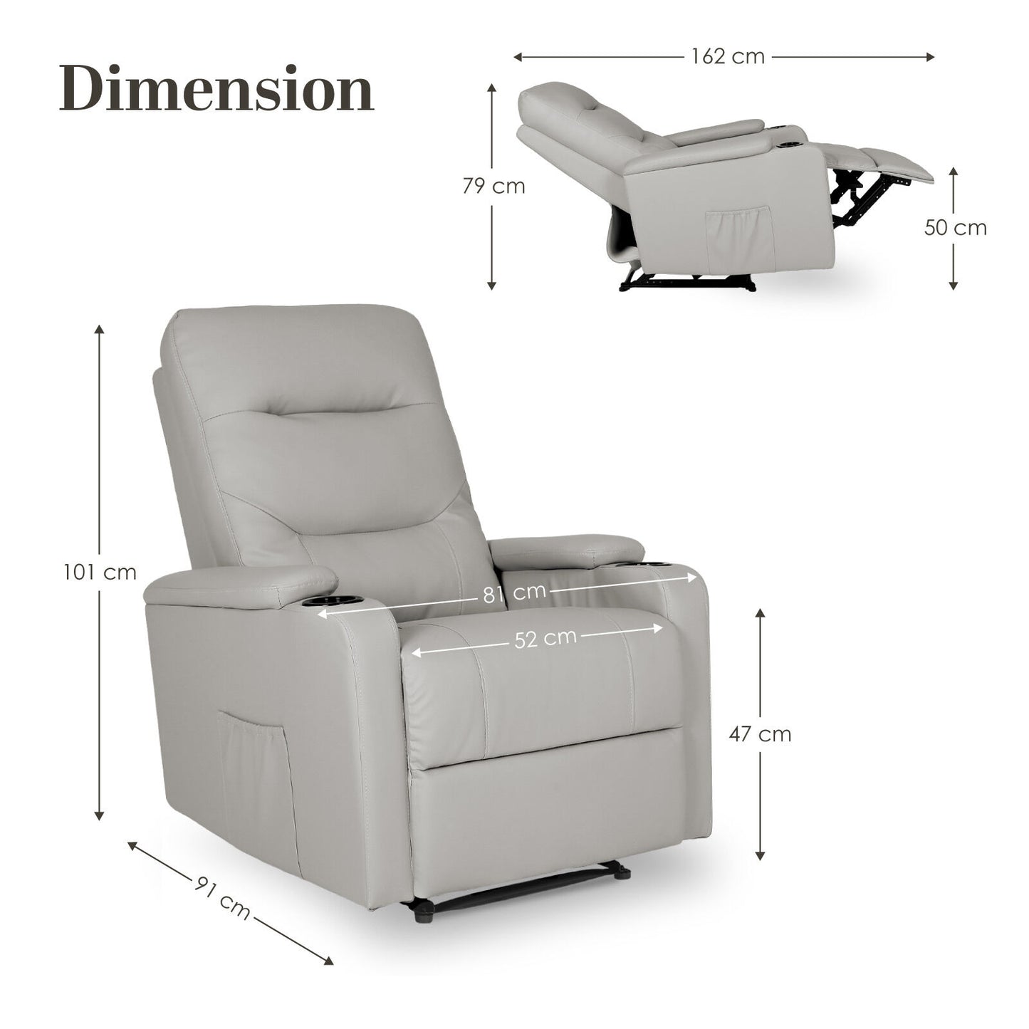 Home Recliner Chair - PU Leather Sofa Lounge Armchair DAKOTA GREY