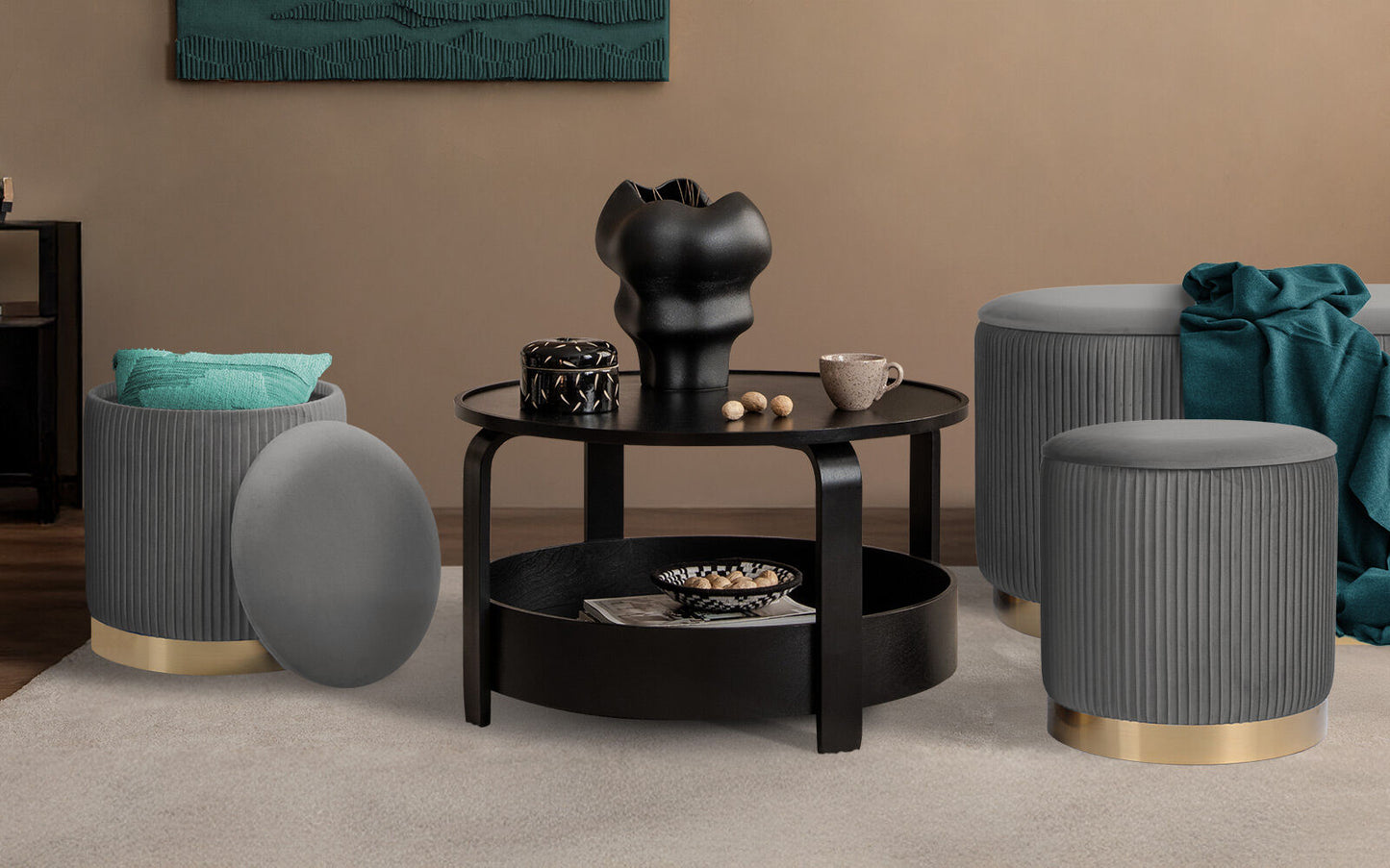 3 Piece Set Storage Ottoman - Blanket Box Velvet Padded Bench Stool FAYE GREY