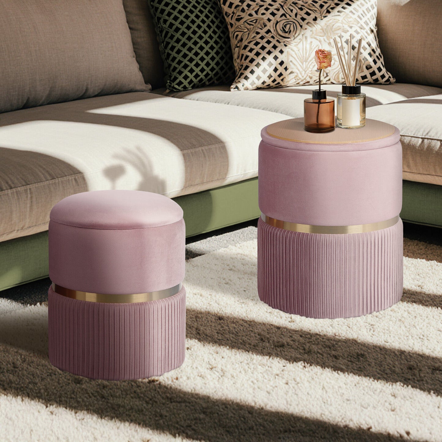 2X Side Table Storage Ottoman - Velvet Padded Stool Vanity Footstool REMI Pink