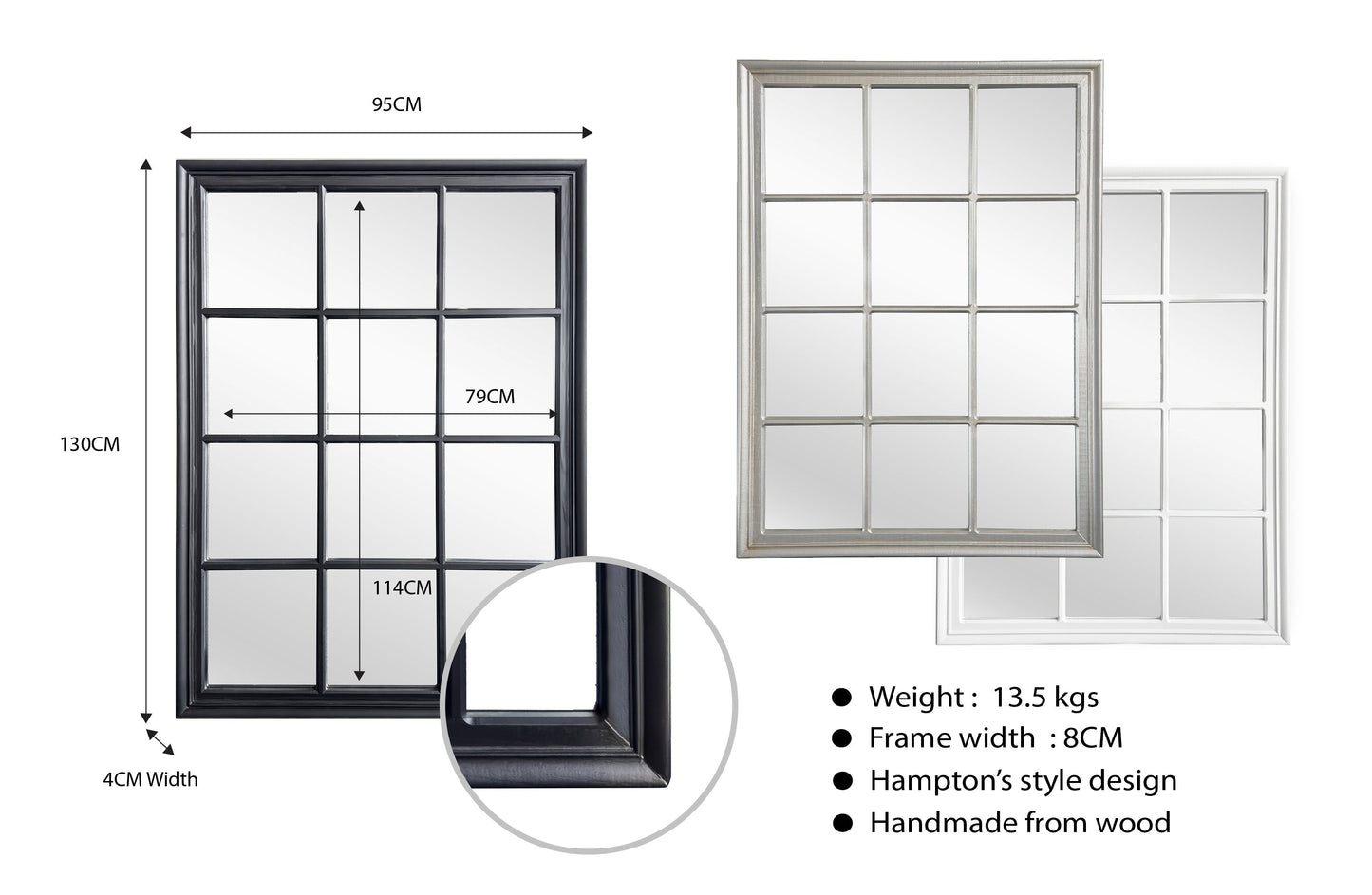 Window Style Mirror - White Rectangle 95cm x 130cm