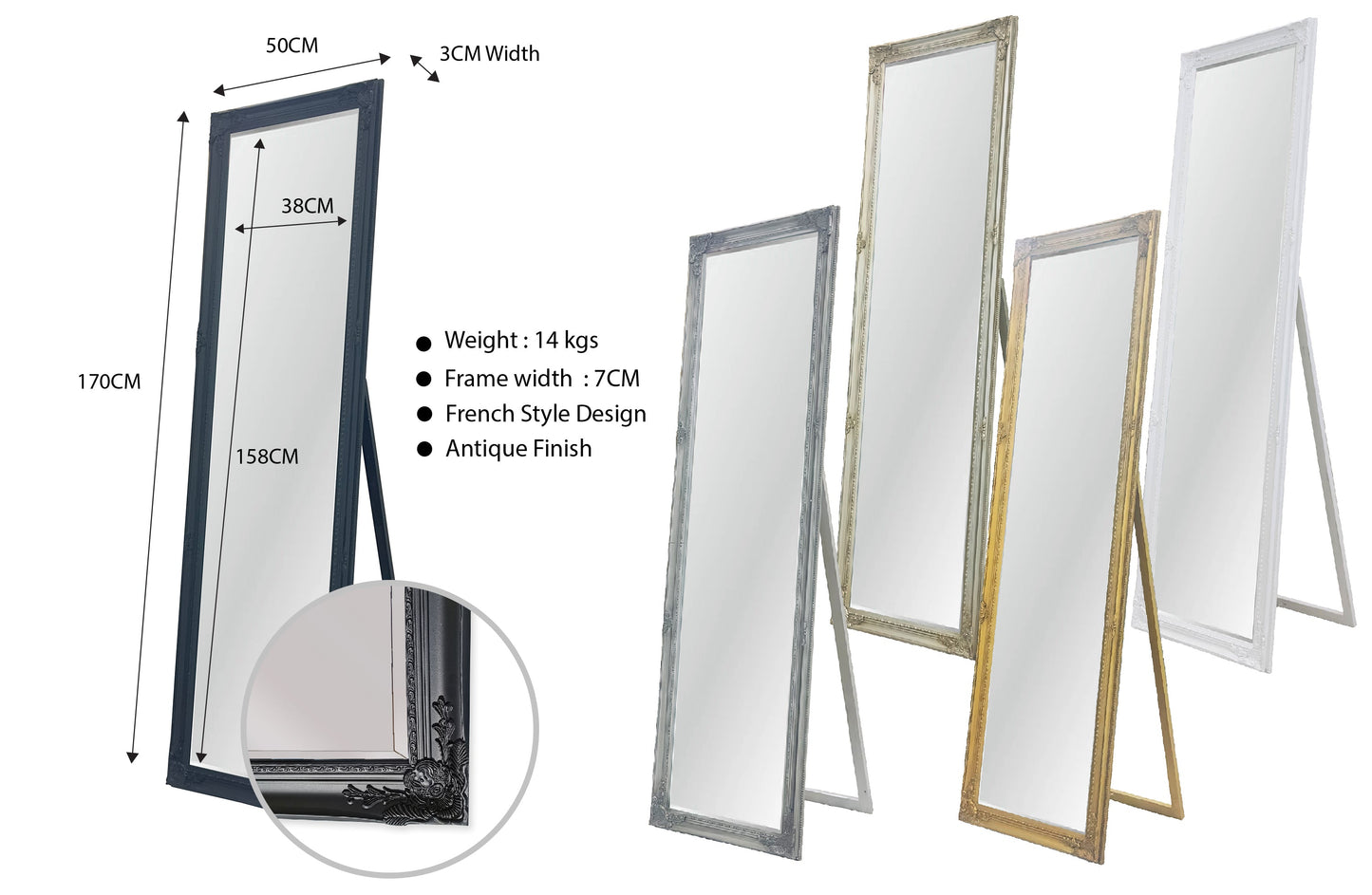 French Provincial Ornate Mirror - Antique Champagne - Free Standing 50cm x 170cm