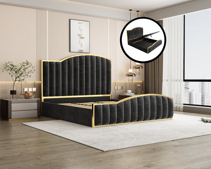 Elegant King Bedframe Charcoal Velvet Fabric with Gas Lift Storage and Golden Trim