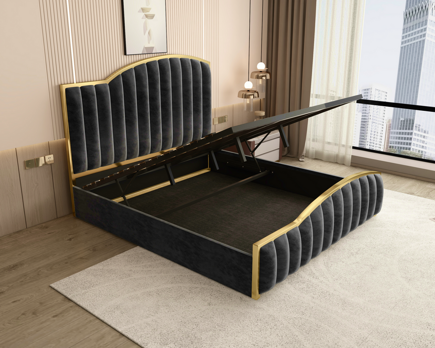 Elegant King Bedframe Charcoal Velvet Fabric with Gas Lift Storage and Golden Trim