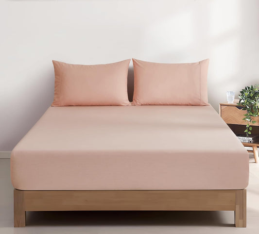 100% Vintage Washed Cotton Fitted Sheet Combo Set – 100% Natural Cotton, Ultra Soft & Breathable – Includes Fitted Sheet & Pillowcases – Machine Washable (Pink, Single)