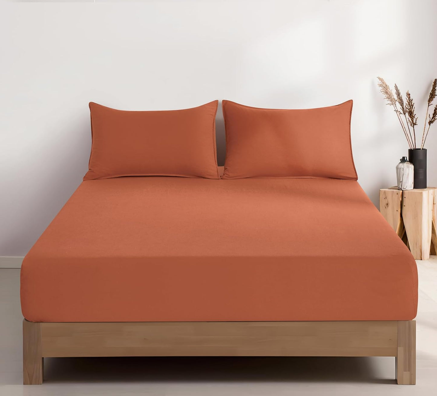 100% Vintage Washed Microfibre Fitted Sheet Set – Ultra Soft & Lightweight All-Season Fitted Sheet with 1 Pillowcase (Terracotta, Single Size)