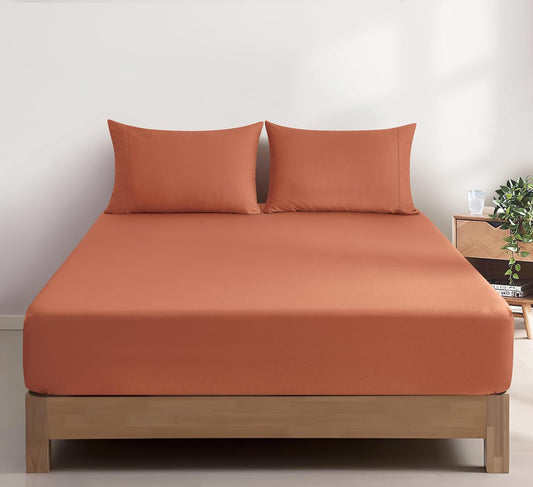 100% Vintage Washed Cotton Fitted Sheet Combo Set – 100% Natural Cotton, Ultra Soft & Breathable – Includes Fitted Sheet & Pillowcases – Machine Washable (Brick, Double)