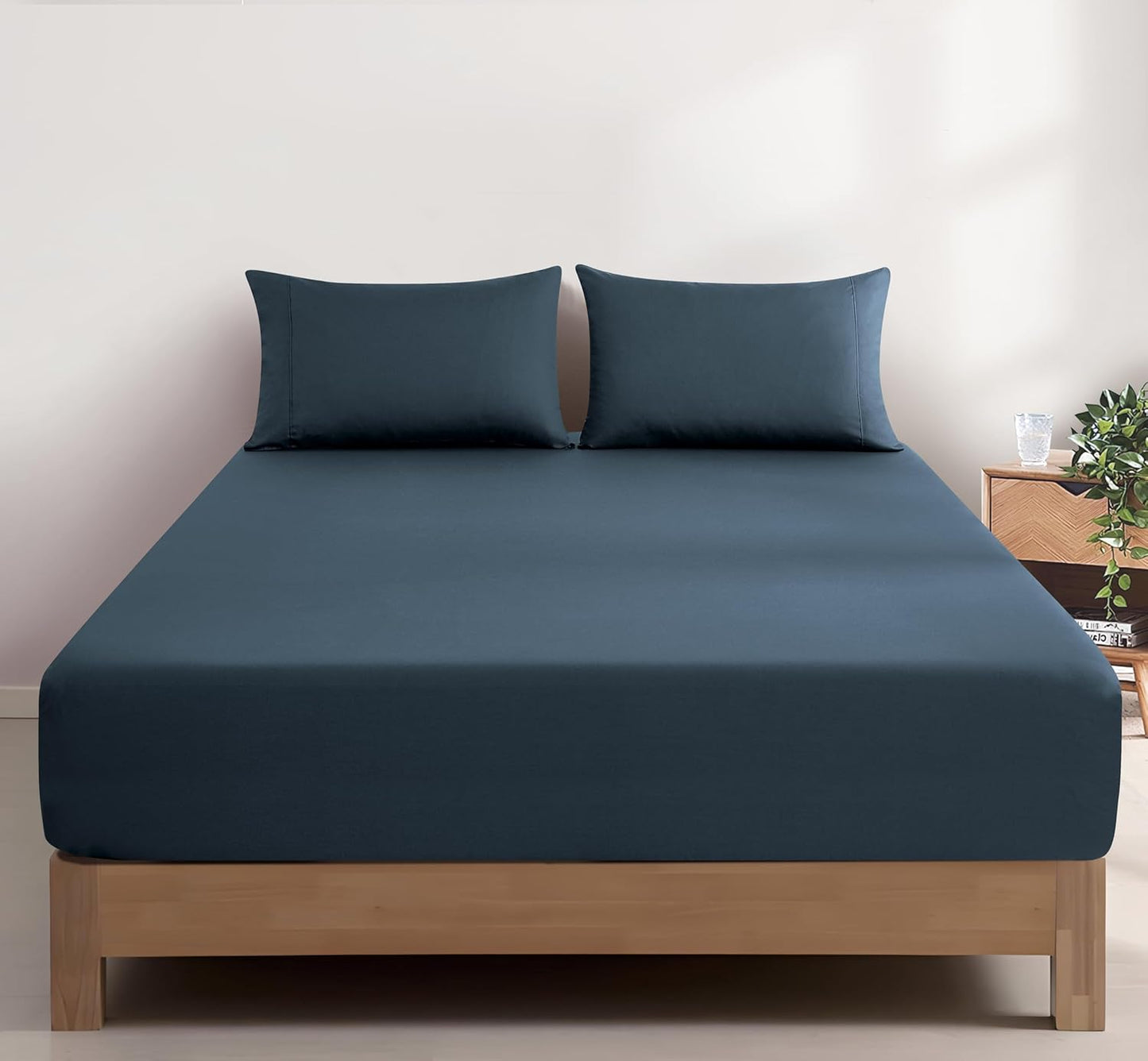 100% Vintage Washed Cotton Fitted Sheet Combo Set – 100% Natural Cotton, Ultra Soft & Breathable – Includes Fitted Sheet & Pillowcases – Machine Washable (Indigo, Double)