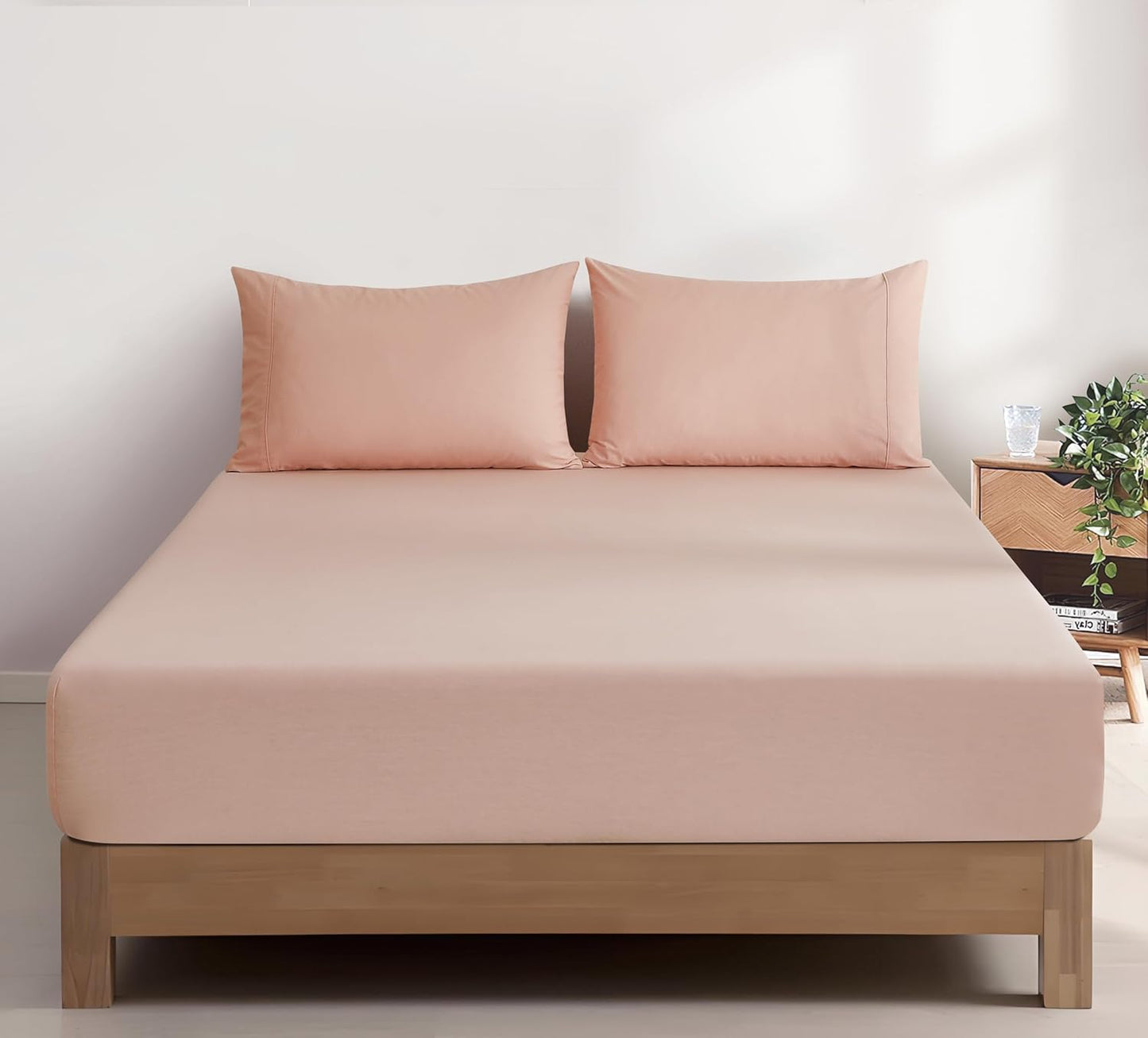 100% Vintage Washed Cotton Fitted Sheet Combo Set – 100% Natural Cotton, Ultra Soft & Breathable – Includes Fitted Sheet & Pillowcases – Machine Washable (Pink, Double)