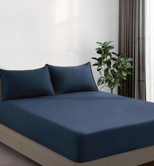 100% Vintage Washed Microfibre Fitted Sheet Set – Ultra Soft & Lightweight All-Season Fitted Sheet with 2 Pillowcases (Navy Blue, Double Size)