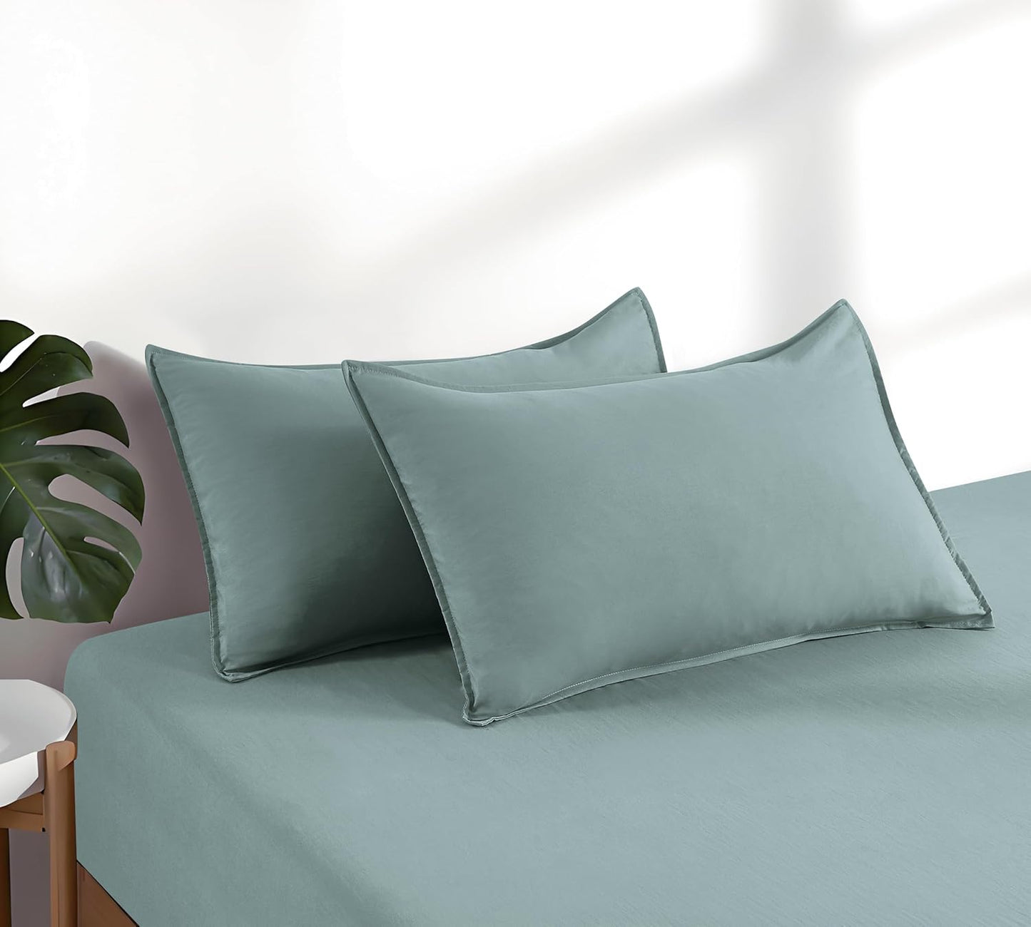 100% Vintage Washed Microfibre Fitted Sheet Set – Ultra Soft & Lightweight All-Season Fitted Sheet with 2 Pillowcases (Seafoam, DoubleSize)