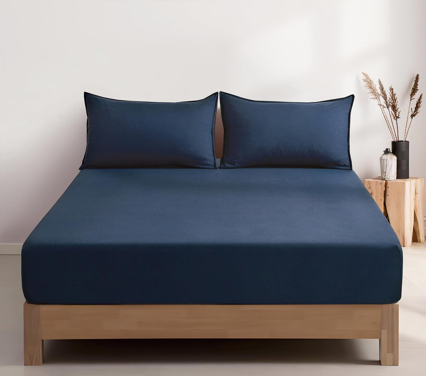 100% Vintage Washed Microfibre Fitted Sheet Set – Ultra Soft & Lightweight All-Season Fitted Sheet with 2 Pillowcases (Navy Blue, Queen Size)