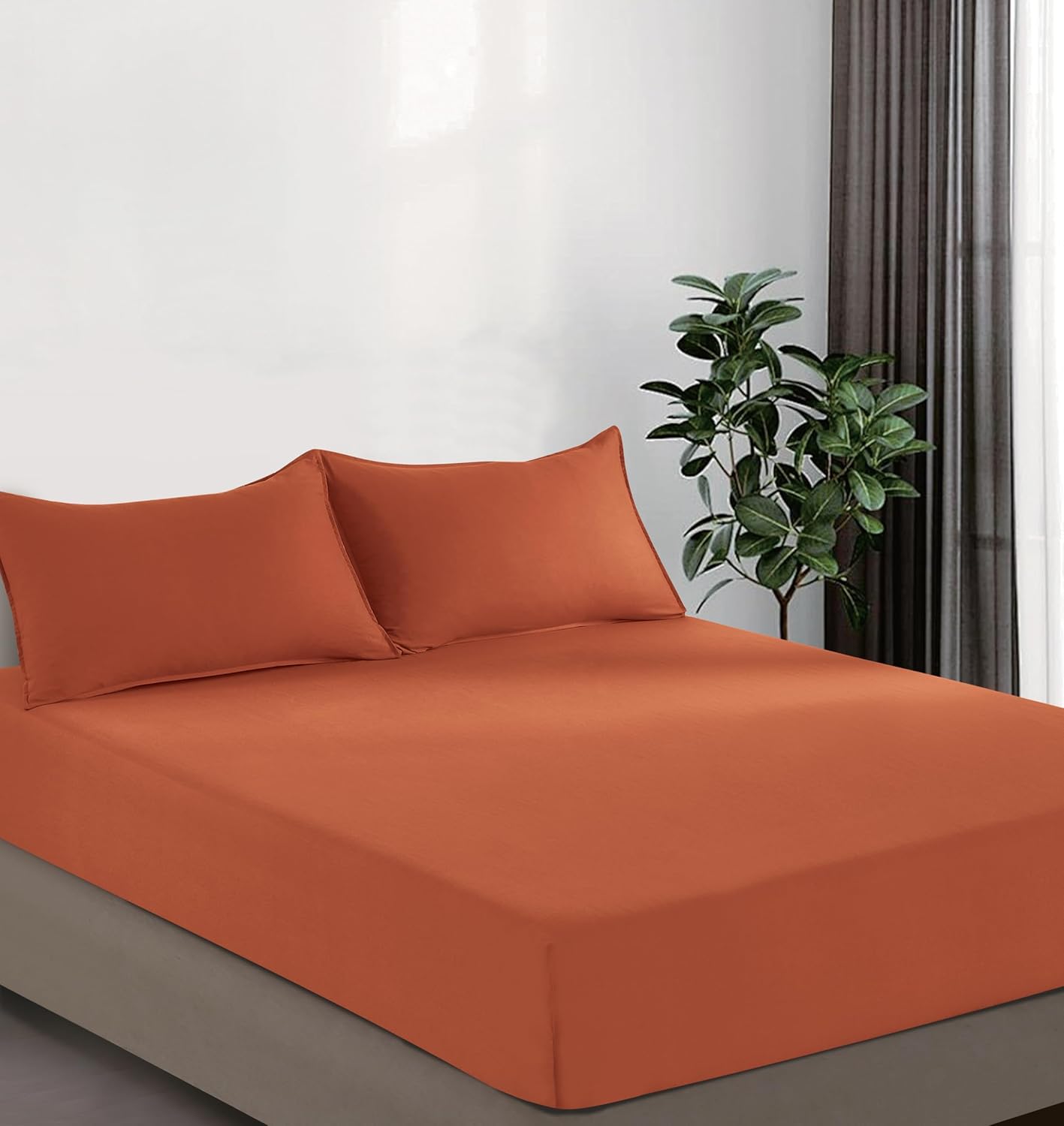 100% Vintage Washed Microfibre Fitted Sheet Set – Ultra Soft & Lightweight All-Season Fitted Sheet with 2 Pillowcases (Terracotta, Queen Size)