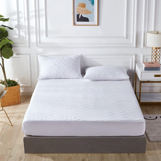 100% Ultra-Soft Cotton Quilted Anti-Microbial Mattress Cover Protector - White - Queen Size