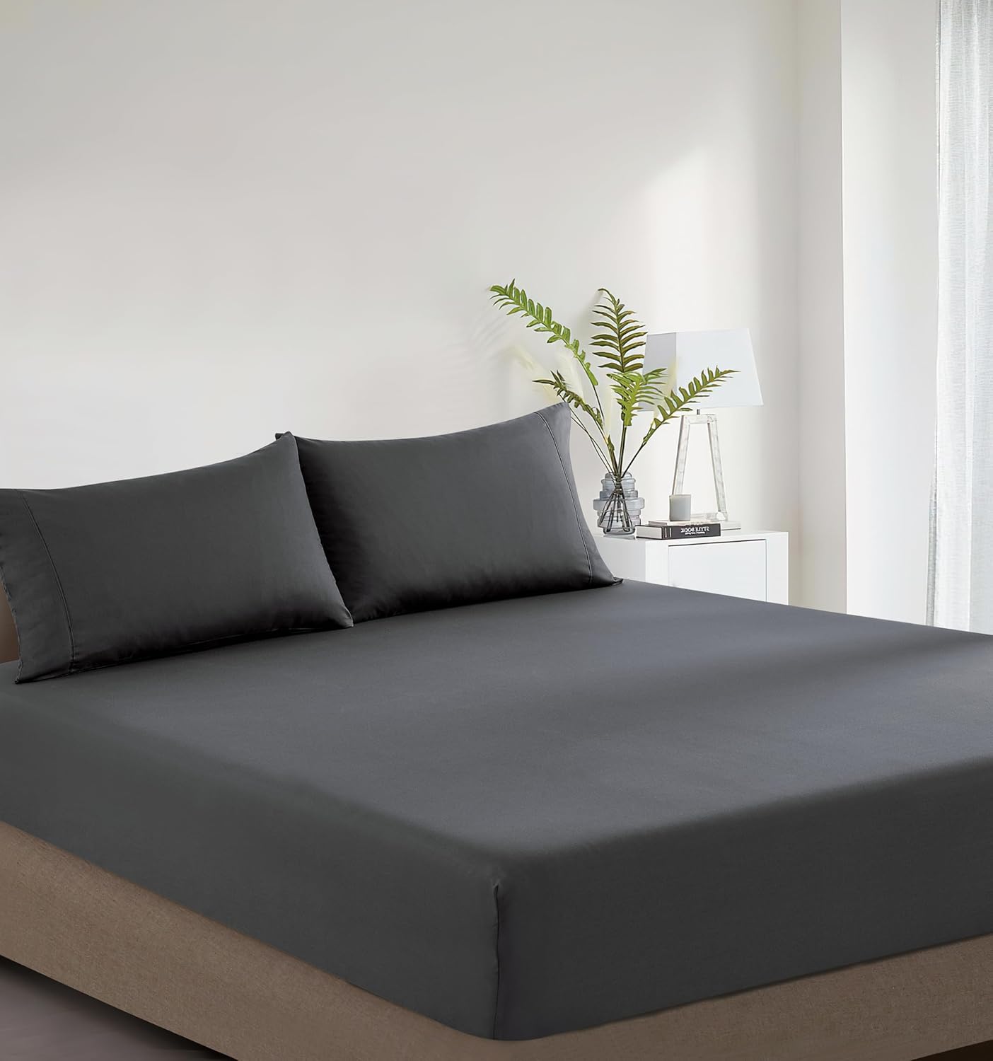 100% Vintage Washed Cotton Fitted Sheet Combo Set – 100% Natural Cotton, Ultra Soft & Breathable – Includes Fitted Sheet & Pillowcases – Machine Washable (Charcoal, King)