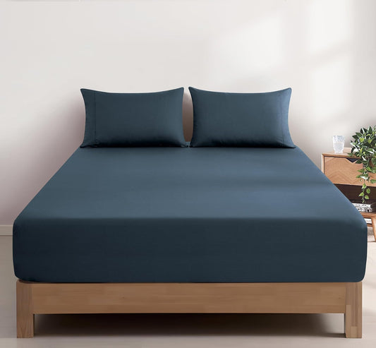 100% Vintage Washed Cotton Fitted Sheet Combo Set – 100% Natural Cotton, Ultra Soft & Breathable – Includes Fitted Sheet & Pillowcases – Machine Washable (Indigo, King)