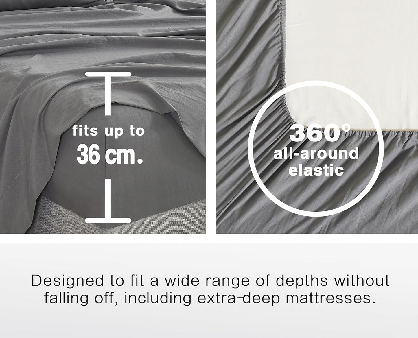 100% Vintage Washed Microfibre Fitted Sheet Set – Ultra Soft & Lightweight All-Season Fitted Sheet with 2 Pillowcases (Grey, King Size)