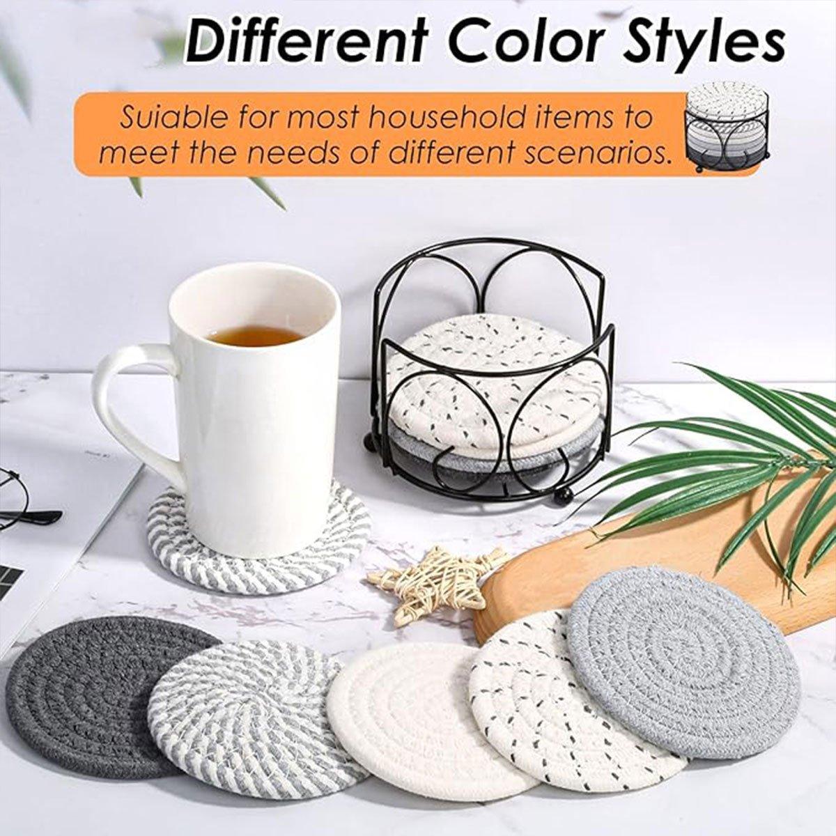 8PCS Round Cotton Woven Coaster Heat Resistant Thick Insulation Dining Table Mat - Brown