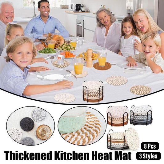 8PCS Round Cotton Woven Coaster Heat Resistant Thick Insulation Dining Table Mat - Mixed