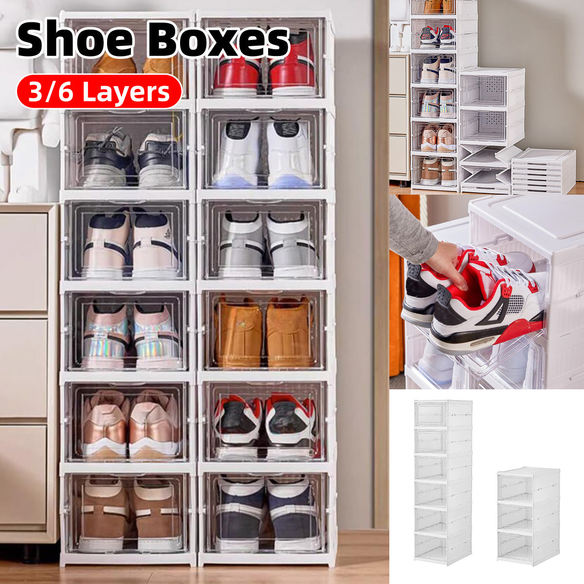 Easy Assemble Shoe Box Foldable Rack 3/6 Layers Storage Transparent Drawers - 3-Tier