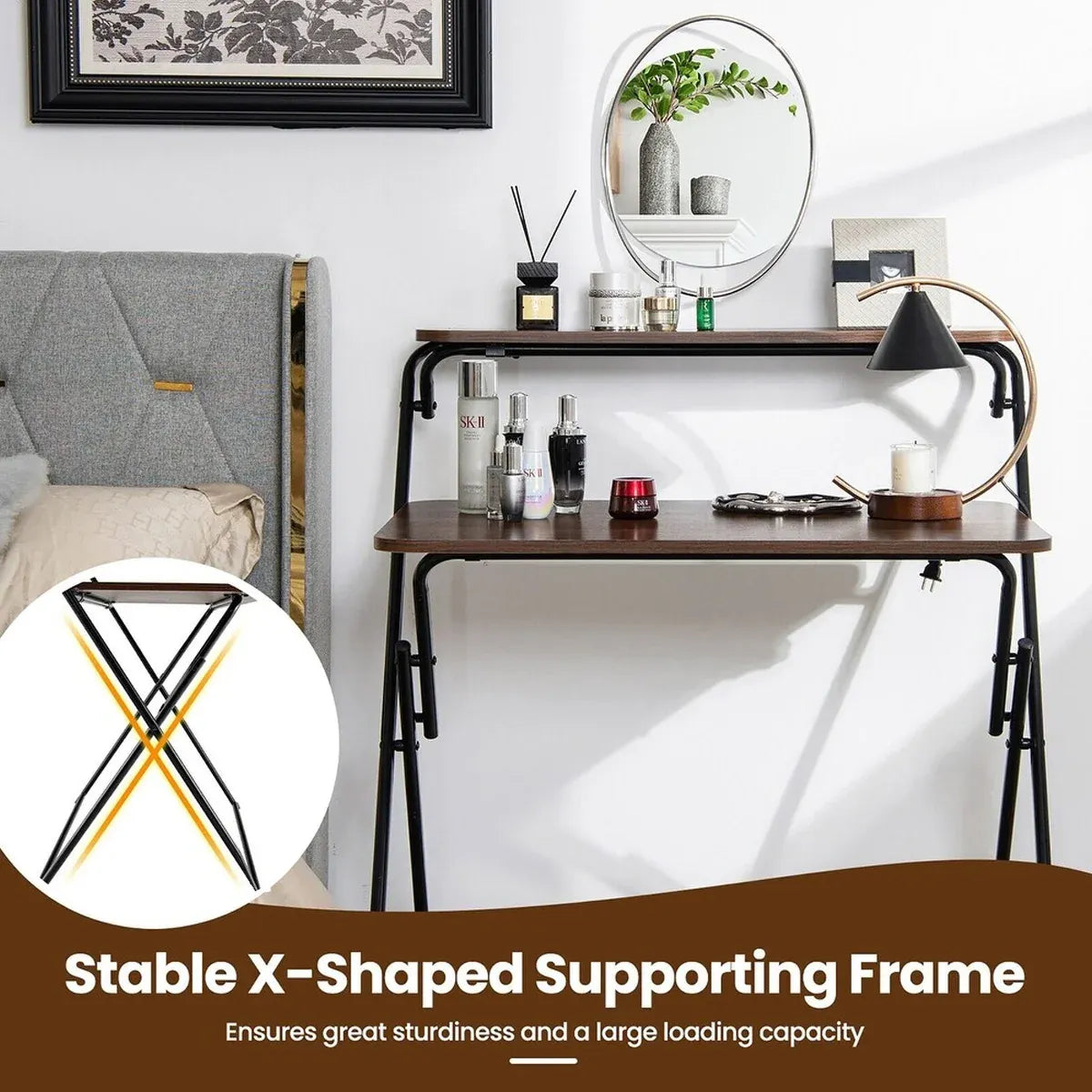 Double Layer Foldable Desk Sturdy Frame Heavy Duty for Home Office