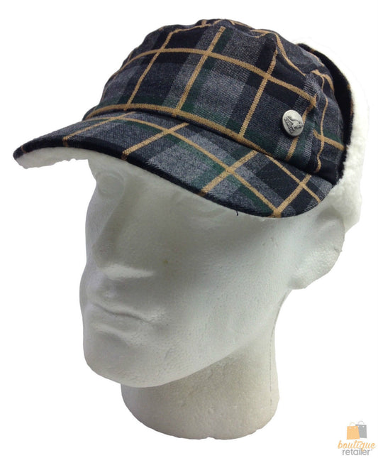 KANGOL Plaid Supre Ushanka Sherpa Chullo Lined Hat Warm Winter Ear Trapper Flying - Grey/Black - L/XL
