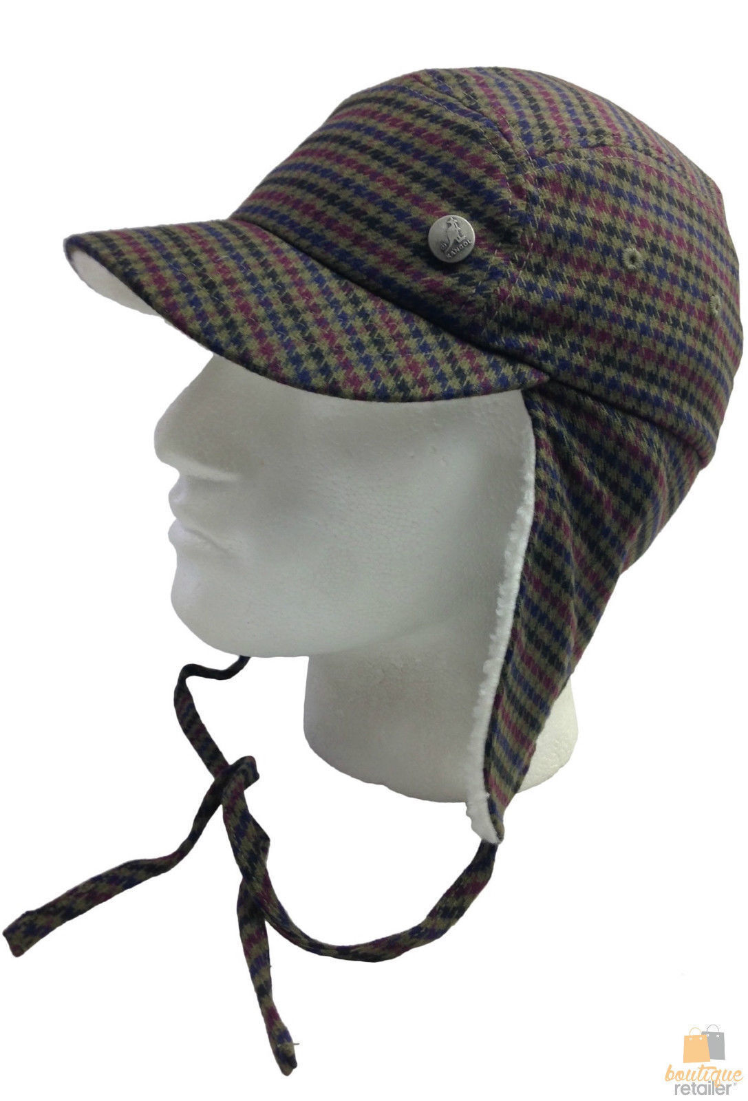 KANGOL Plaid Supre Ushanka Sherpa Chullo Lined Hat Warm Winter Ear Trapper Flying - Army Green/Black/Red - S/M