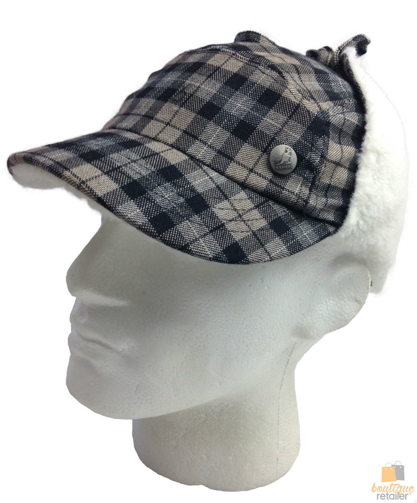 KANGOL Plaid Supre Ushanka Sherpa Chullo Lined Hat Warm Winter Ear Trapper Flying - Black/Grey - L/XL