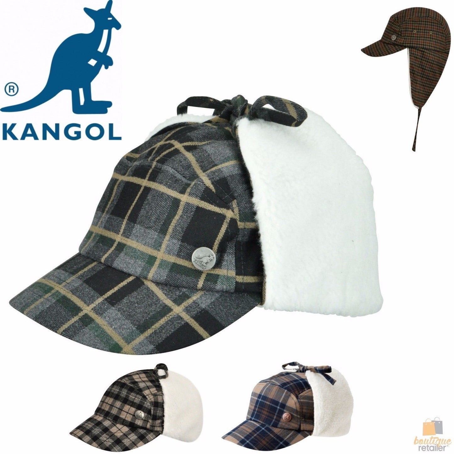KANGOL Plaid Supre Ushanka Sherpa Chullo Lined Hat Warm Winter Ear Trapper Flying - Black/Grey - S/M