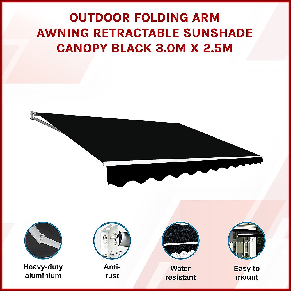 Outdoor Folding Arm Awning Retractable Sunshade Canopy Black 3.0m x 2.5m