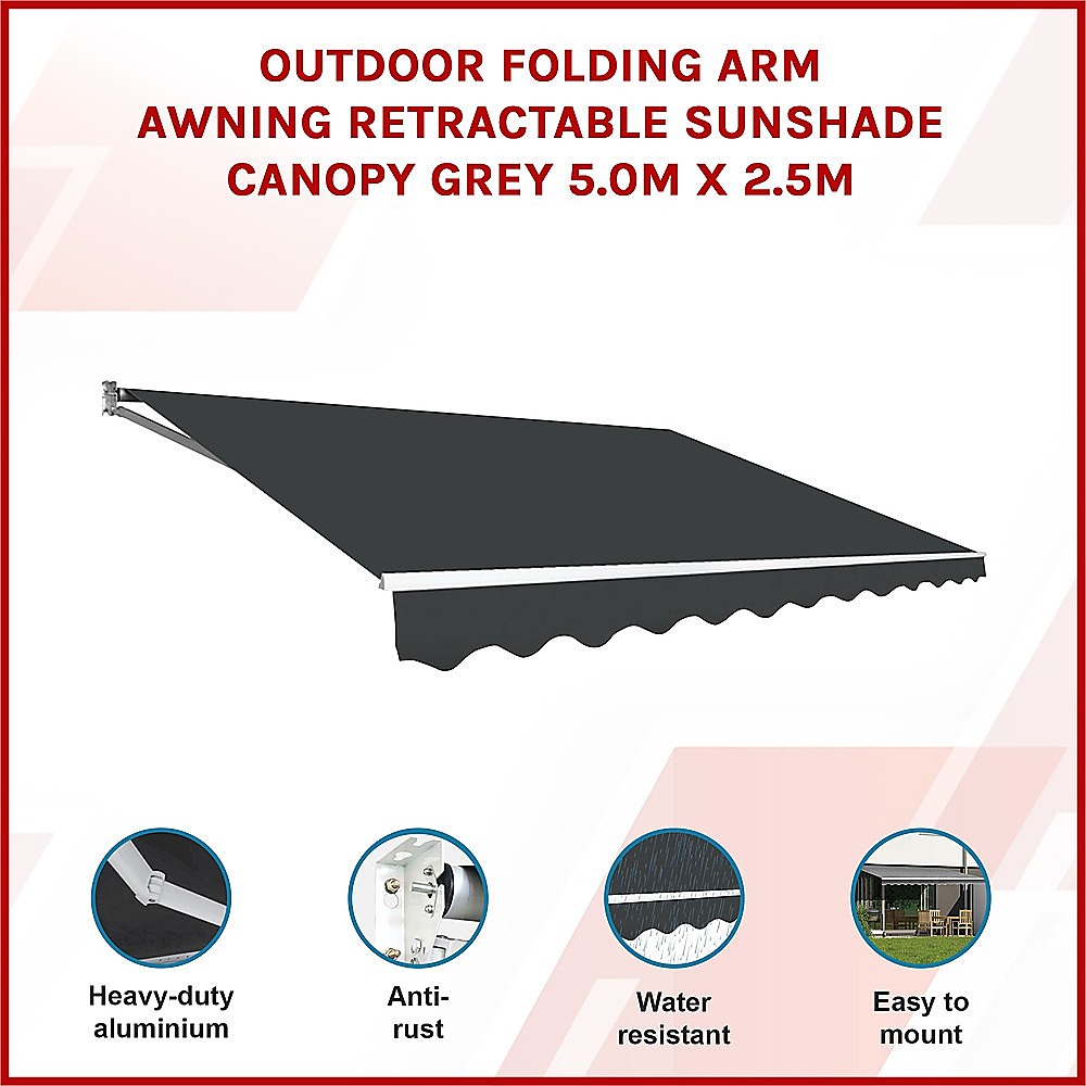 Outdoor Folding Arm Awning Retractable Sunshade Canopy Grey 5.0m x 2.5m