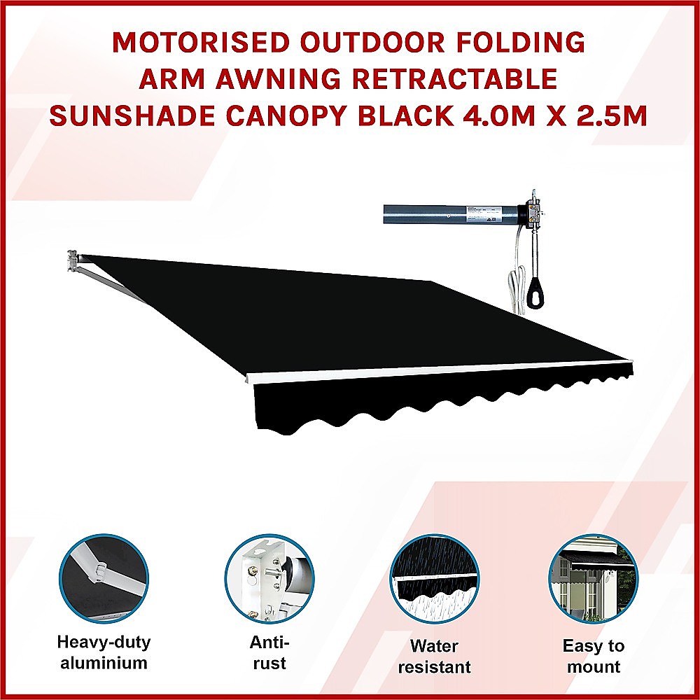 Motorised Outdoor Folding Arm Awning Retractable Sunshade Canopy Black 4.0m x 2.5m