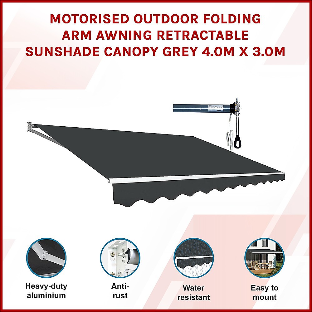 Motorised Outdoor Folding Arm Awning Retractable Sunshade Canopy Grey 4.0m x 3.0m