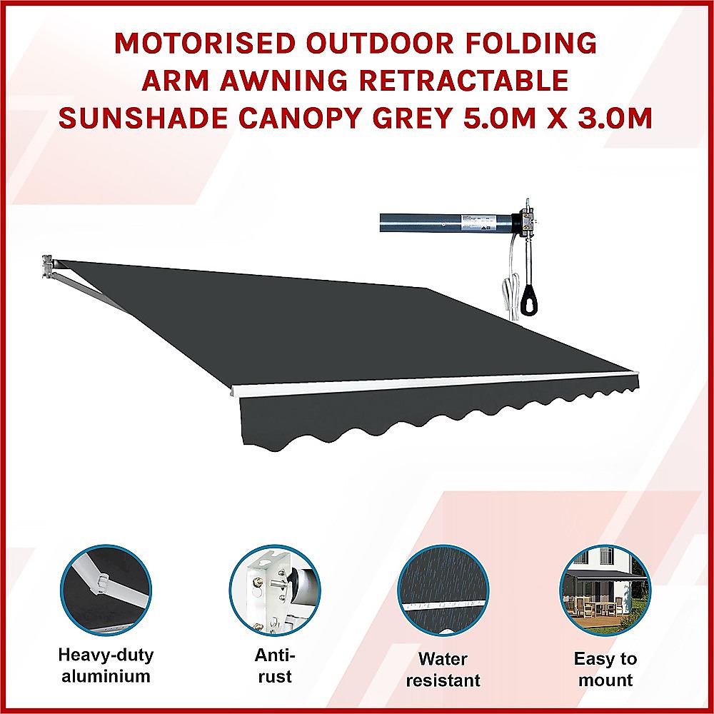 Motorised Outdoor Folding Arm Awning Retractable Sunshade Canopy Grey 5.0m x 3.0m
