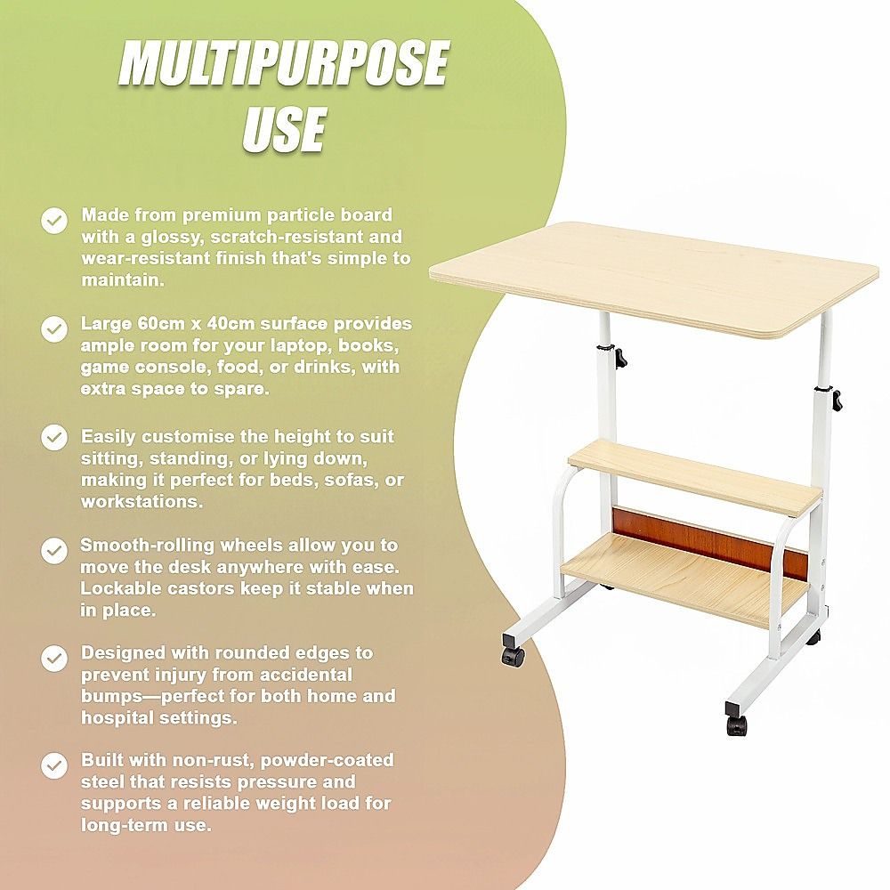 Height Adjustable Rolling Overbed Table 60cm Mobile Computer Desk