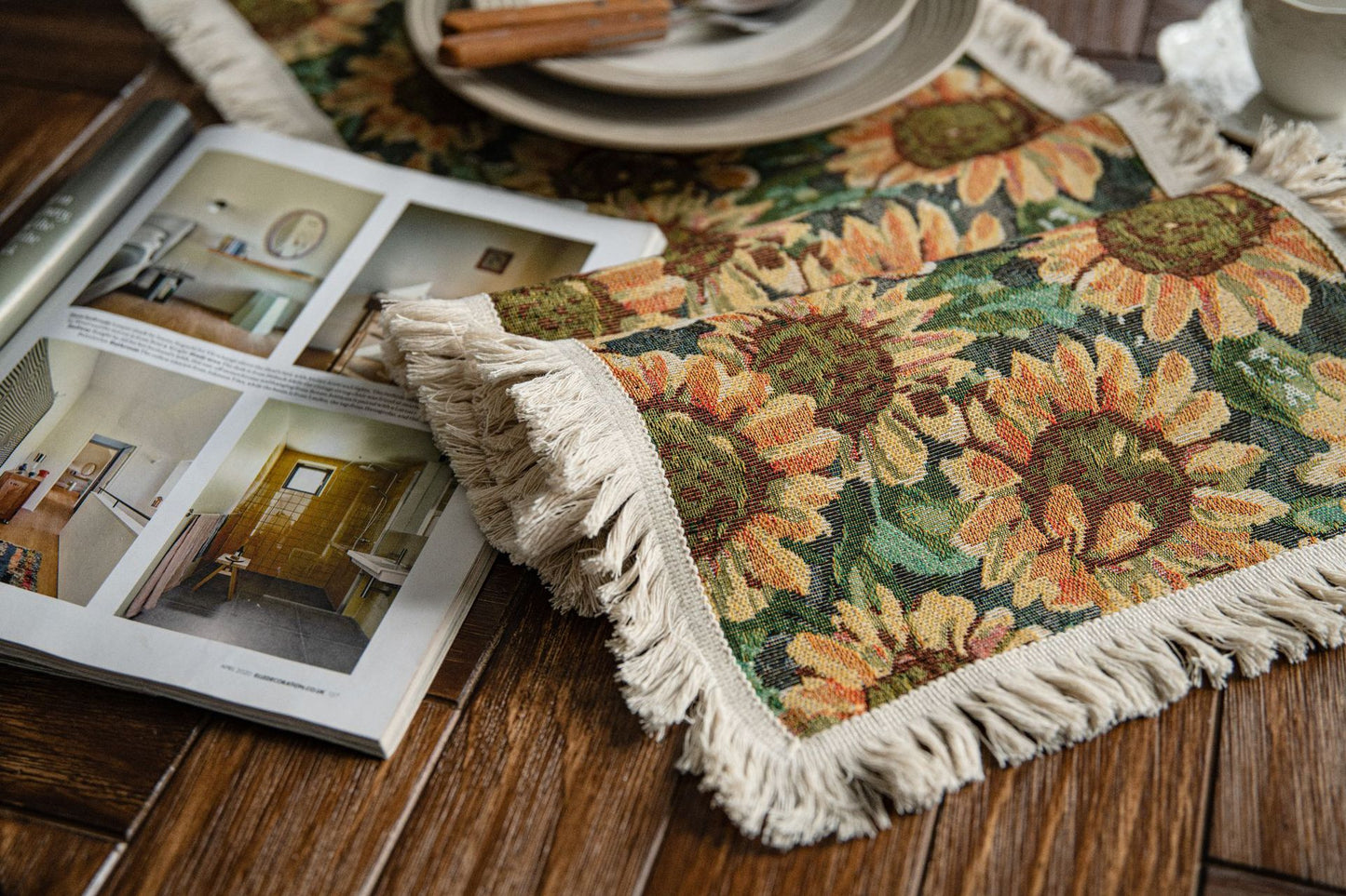 Sunflower Table Runner with Fringe - Jacquard Woven Cotton Blend (30x275cm)