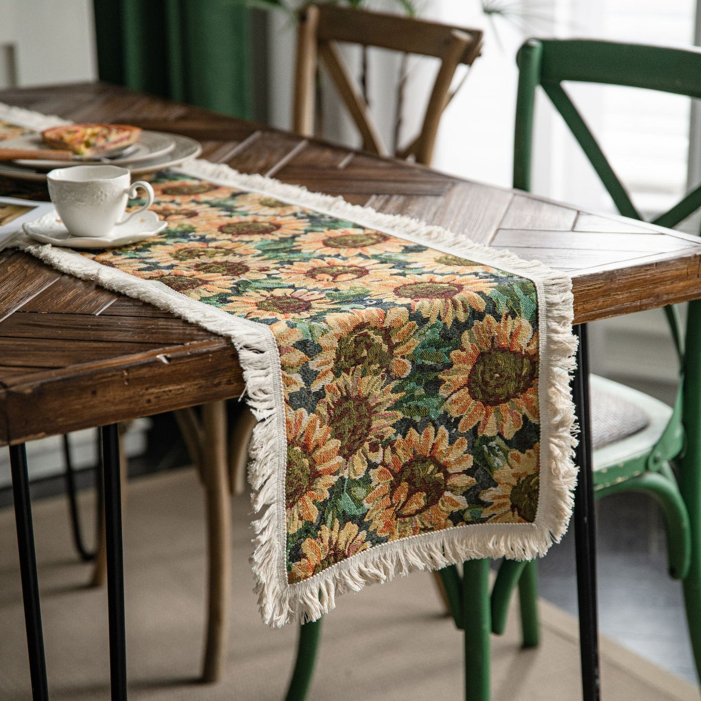 Sunflower Table Runner with Fringe - Jacquard Woven Cotton Blend (30x300cm)