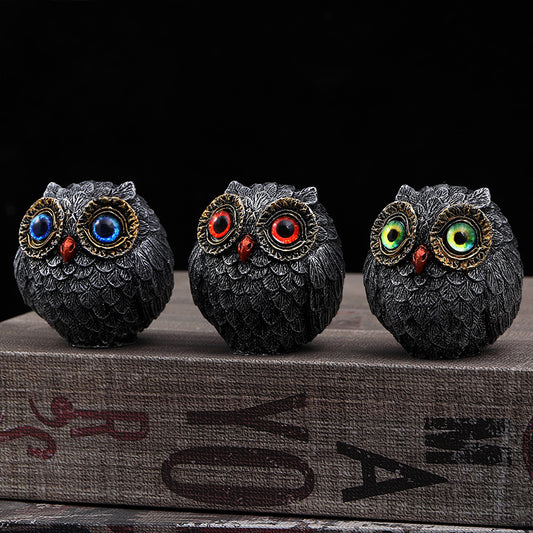 Set of Three Groups of Three Colors Small Decorative Resin Owl Figurine - Textured Statue with Blue Eyes(Blue, Green, Red)