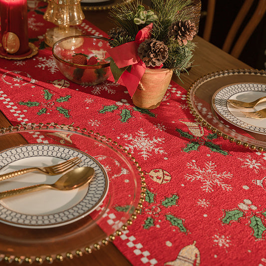 Red Christmas Table Runner with Tassels - Festive Snowflake & Bell Print (35*180cm)
