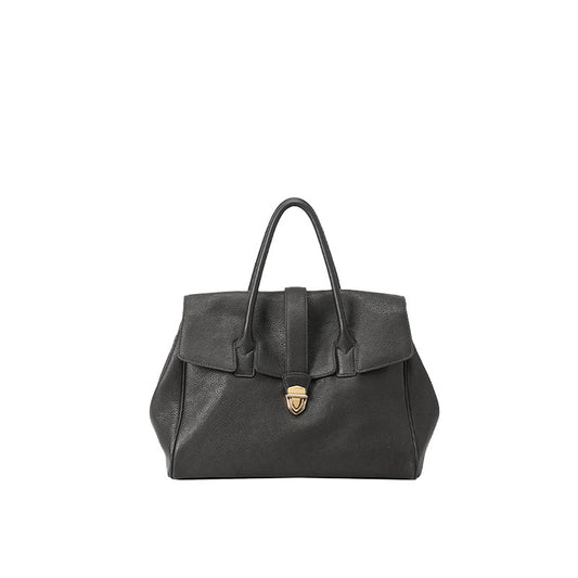 Size L Black Elegant Women's Leather Briefcase Tote - Vintage Style Large Capacity Commuter Handbag - Premium Cowhide Leather