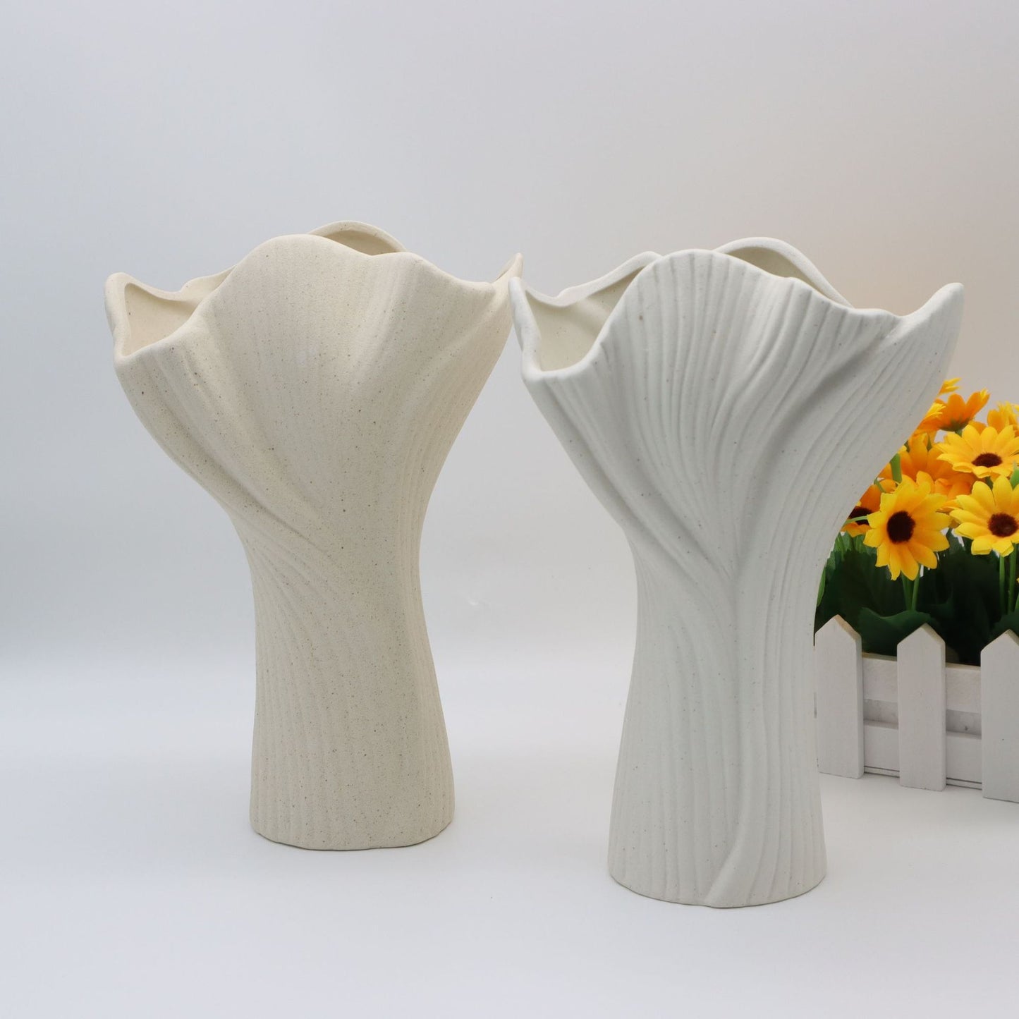 Beige Elegant Off-White Ceramic Vase - Modern Sculptural Flower Holder with Wide Fluted Opening