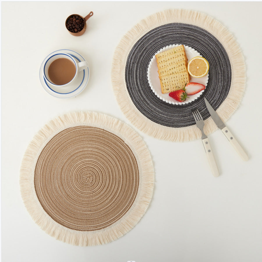 Grey Chic Round Woven Placemats with Tassel Fringe - Set of 4, Cotton Ramie Blend, Heat Resistant Table Mats